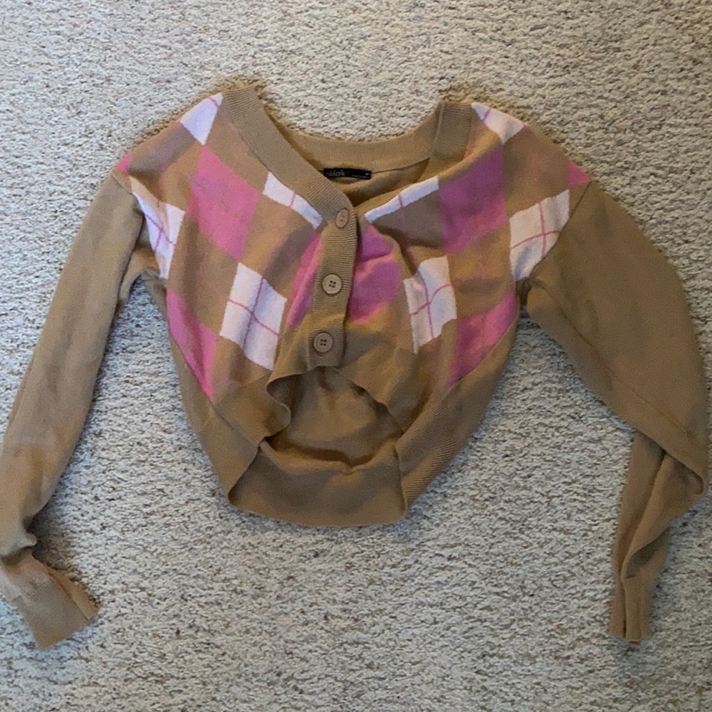TAN pink and white button up sweater